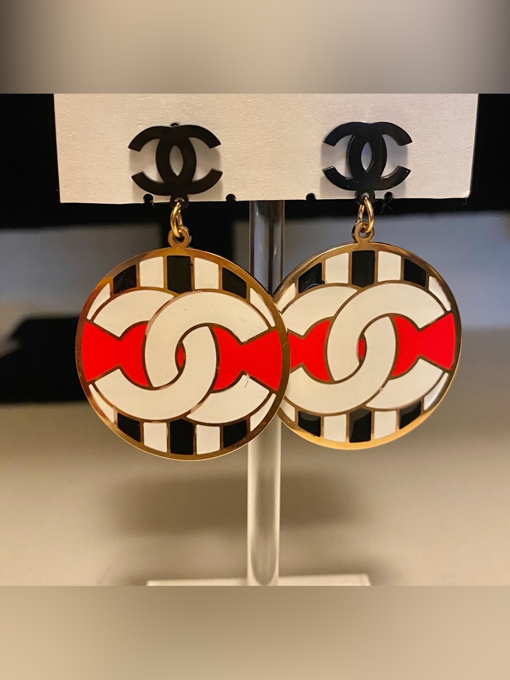 Fashion Jewelry 14K Gold Plated Black / White-Enamel Double-C Drop Earrings